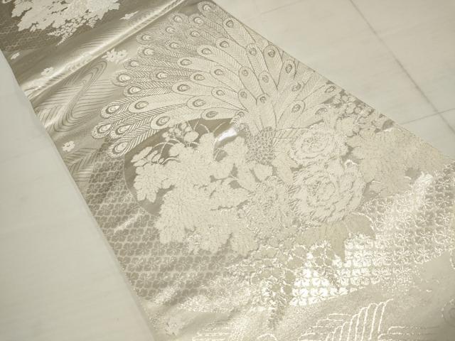 平和屋着物◎西陣 六通柄袋帯 美保姿 孔雀花文 銀糸 証紙付き 正絹 逸品 AABB4591wj