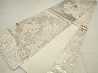 平和屋着物◎西陣 六通柄袋帯 美保姿 孔雀花文 銀糸 証紙付き 正絹 逸品 AABB4591wj