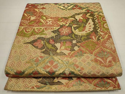 平和屋着物◎佐賀錦 六通柄袋帯 花鳥文 金糸 正絹 逸品 AABB4596wj