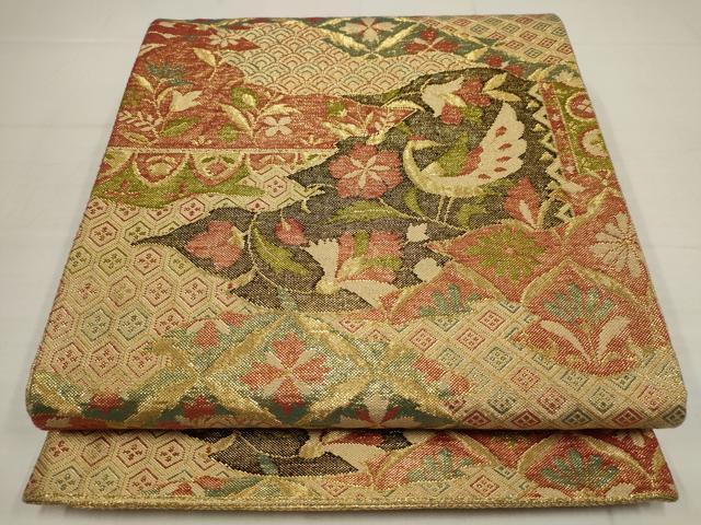 平和屋着物◎佐賀錦 六通柄袋帯 花鳥文 金糸 正絹 逸品 AABB4596wj