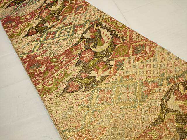 平和屋着物◎佐賀錦 六通柄袋帯 花鳥文 金糸 正絹 逸品 AABB4596wj