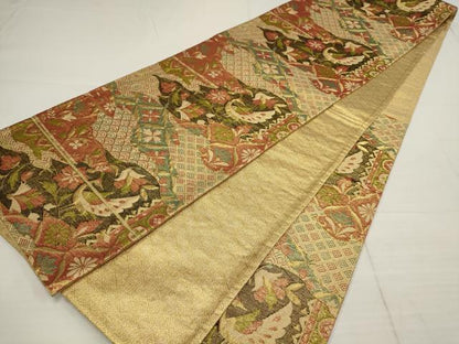 平和屋着物◎佐賀錦 六通柄袋帯 花鳥文 金糸 正絹 逸品 AABB4596wj
