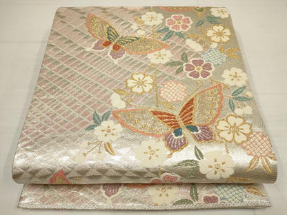 平和屋着物◎六通柄袋帯 花蝶文 金銀糸 正絹 逸品 AABB4602wj