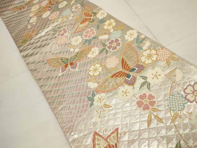平和屋着物◎六通柄袋帯 花蝶文 金銀糸 正絹 逸品 AABB4602wj