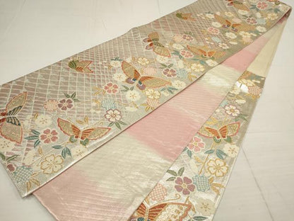 平和屋着物◎六通柄袋帯 花蝶文 金銀糸 正絹 逸品 AABB4602wj