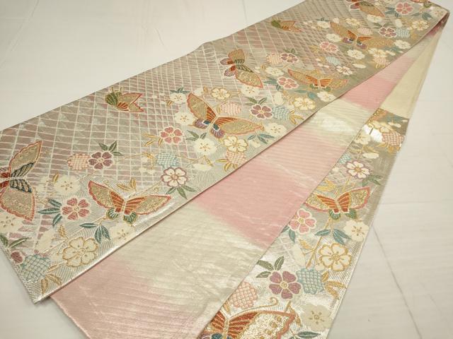 平和屋着物◎六通柄袋帯 花蝶文 金銀糸 正絹 逸品 AABB4602wj