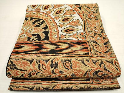 平和屋着物◎六通柄袋帯 更紗花文 黒地 金糸 正絹 逸品 AABB4615wj