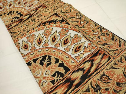 平和屋着物◎六通柄袋帯 更紗花文 黒地 金糸 正絹 逸品 AABB4615wj