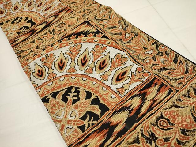 平和屋着物◎六通柄袋帯 更紗花文 黒地 金糸 正絹 逸品 AABB4615wj