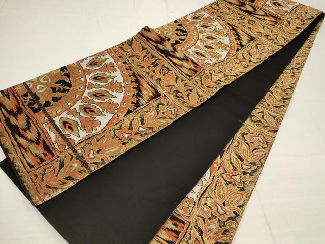 平和屋着物◎六通柄袋帯 更紗花文 黒地 金糸 正絹 逸品 AABB4615wj