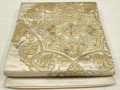 平和屋着物▼西陣 太鼓柄袋帯 刺繍 吉祥花文 金銀糸 正絹 逸品 AABB4631wj