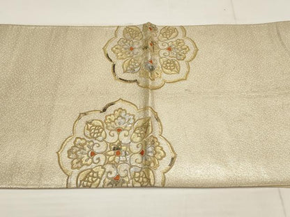 平和屋着物▼西陣 太鼓柄袋帯 刺繍 吉祥花文 金銀糸 正絹 逸品 AABB4631wj