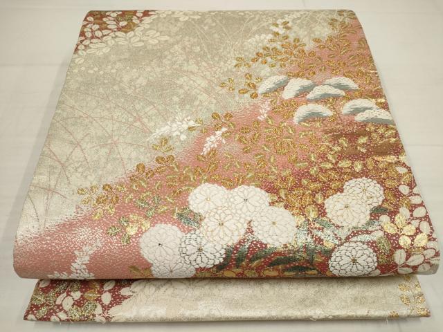 平和屋着物▼六通柄袋帯 草花文 金糸 正絹 逸品 AABB4665wj