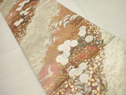 平和屋着物▼六通柄袋帯 草花文 金糸 正絹 逸品 AABB4665wj