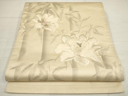 平和屋着物▼太鼓柄袋帯 刺繍 草花文 金糸 銀通し地 正絹 逸品 AABB4708wj