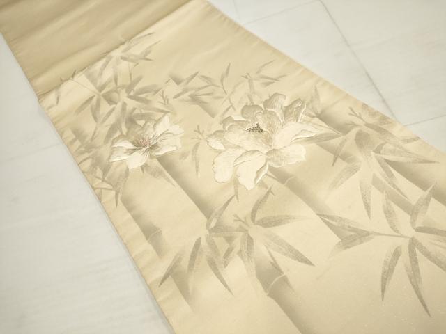 平和屋着物▼太鼓柄袋帯 刺繍 草花文 金糸 銀通し地 正絹 逸品 AABB4708wj