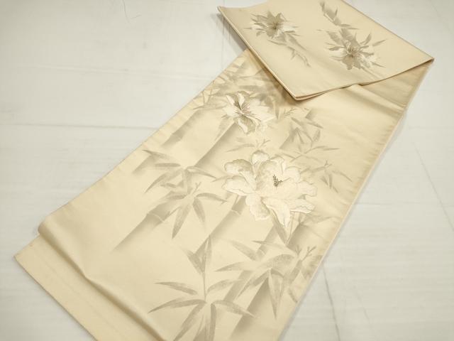 平和屋着物▼太鼓柄袋帯 刺繍 草花文 金糸 銀通し地 正絹 逸品 AABB4708wj