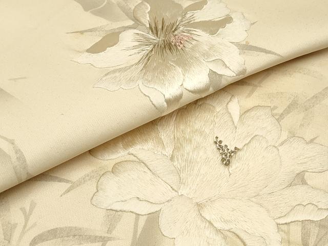 平和屋着物▼太鼓柄袋帯 刺繍 草花文 金糸 銀通し地 正絹 逸品 AABB4708wj