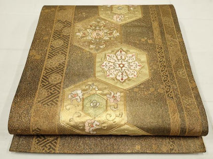 平和屋着物▼太鼓柄袋帯 駒刺繍 亀甲花鳥文 金糸 正絹 逸品 AABB4716wj