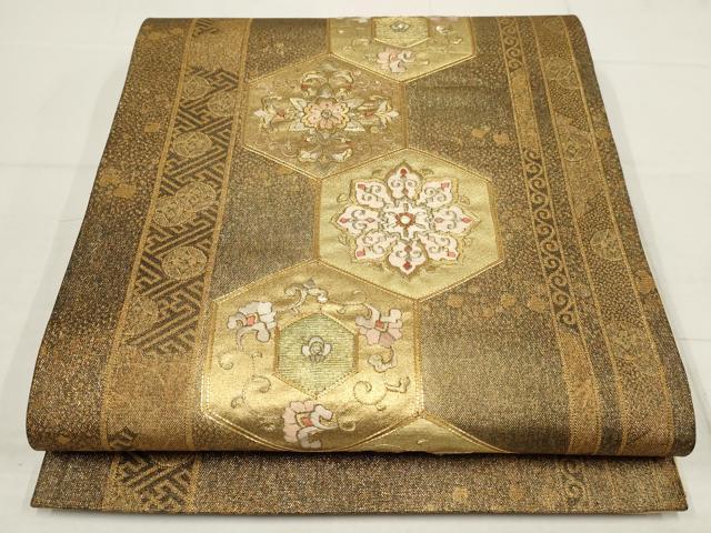 平和屋着物▼太鼓柄袋帯 駒刺繍 亀甲花鳥文 金糸 正絹 逸品 AABB4716wj