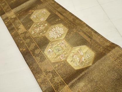平和屋着物▼太鼓柄袋帯 駒刺繍 亀甲花鳥文 金糸 正絹 逸品 AABB4716wj