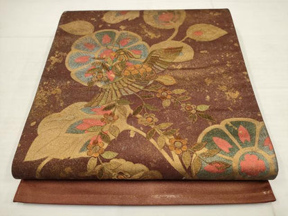 平和屋着物▼太鼓柄袋帯 刺繍 花鳥文 金糸 引箔 正絹 逸品 AABB4718wj