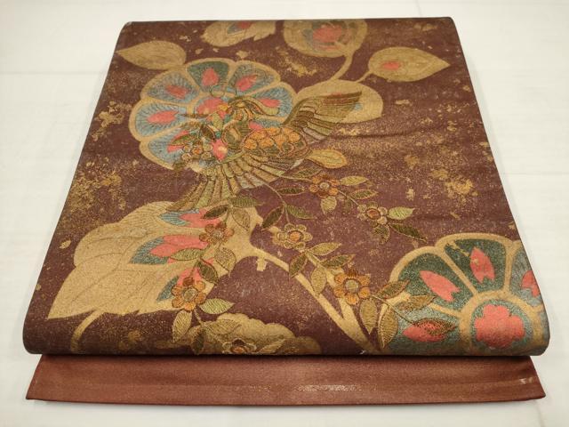 平和屋着物▼太鼓柄袋帯 刺繍 花鳥文 金糸 引箔 正絹 逸品 AABB4718wj
