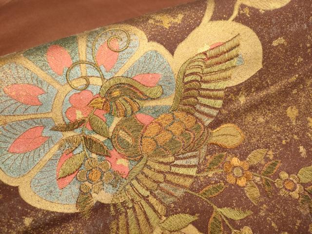平和屋着物▼太鼓柄袋帯 刺繍 花鳥文 金糸 引箔 正絹 逸品 AABB4718wj