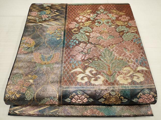 平和屋着物▼六通柄袋帯 色紙花蝶文 金糸 正絹 逸品 AABB4756wj