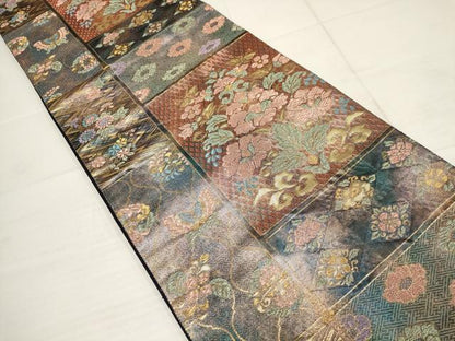 平和屋着物▼六通柄袋帯 色紙花蝶文 金糸 正絹 逸品 AABB4756wj
