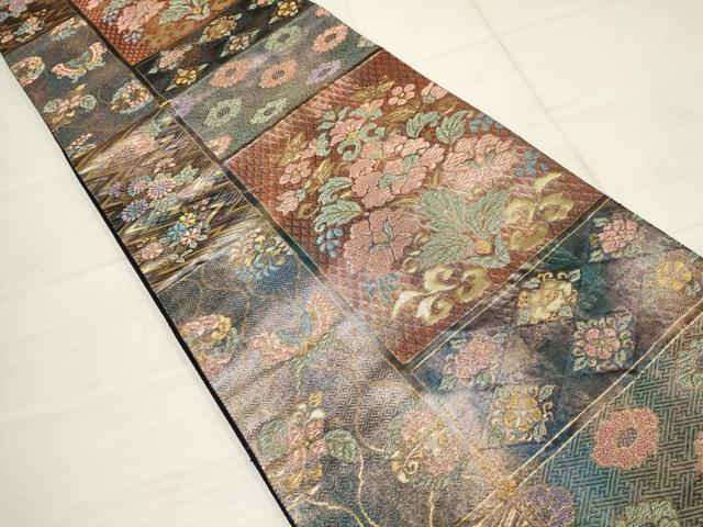 平和屋着物▼六通柄袋帯 色紙花蝶文 金糸 正絹 逸品 AABB4756wj