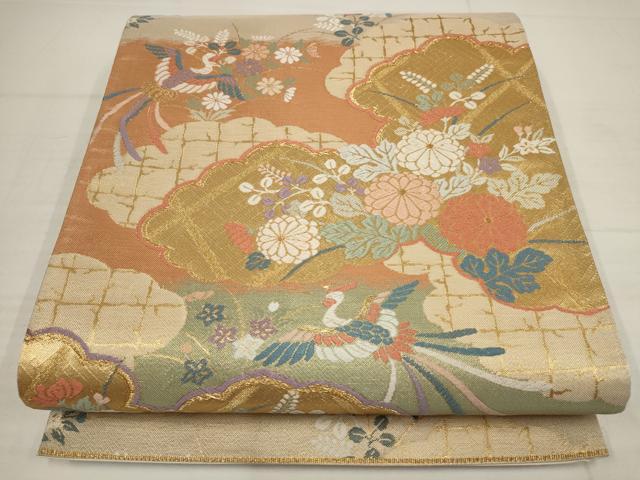 平和屋着物▼六通柄袋帯 唐織 雲取に鳳凰 金糸 正絹 逸品 AABB4773wj