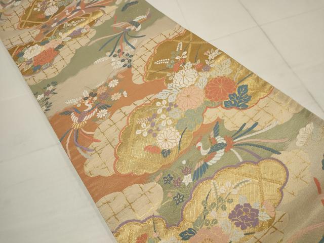 平和屋着物▼六通柄袋帯 唐織 雲取に鳳凰 金糸 正絹 逸品 AABB4773wj