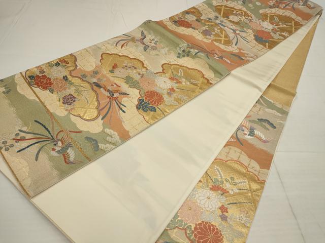 平和屋着物▼六通柄袋帯 唐織 雲取に鳳凰 金糸 正絹 逸品 AABB4773wj