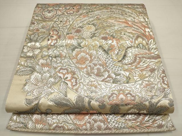 平和屋着物▼六通柄袋帯　鳳凰花丸文　銀糸　正絹　逸品　AABB4827wj