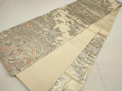 平和屋着物▼六通柄袋帯　鳳凰花丸文　銀糸　正絹　逸品　AABB4827wj