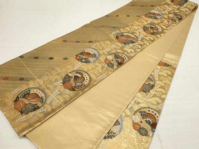 平和屋着物▼六通柄袋帯　遊彩唐織　花蝶丸文　金糸　引箔　正絹　逸品　AABB4909wj