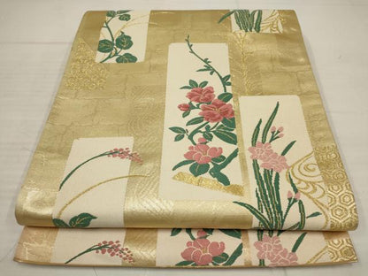 平和屋着物▼六通柄袋帯　唐織　短冊草花文　金糸　正絹　逸品　AABB5066wj