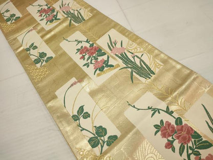 平和屋着物▼六通柄袋帯　唐織　短冊草花文　金糸　正絹　逸品　AABB5066wj