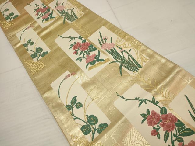 平和屋着物▼六通柄袋帯　唐織　短冊草花文　金糸　正絹　逸品　AABB5066wj