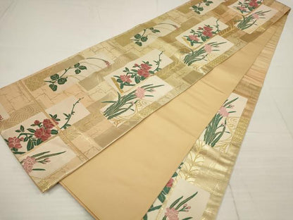 平和屋着物▼六通柄袋帯　唐織　短冊草花文　金糸　正絹　逸品　AABB5066wj