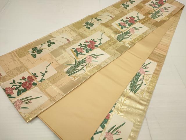 平和屋着物▼六通柄袋帯　唐織　短冊草花文　金糸　正絹　逸品　AABB5066wj