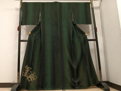 平和屋着物●訪問着　龍　ラインストーン　黒地　金通し地　正絹　逸品　AABB5100ph