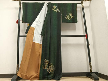 平和屋着物●訪問着　龍　ラインストーン　黒地　金通し地　正絹　逸品　AABB5100ph