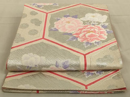 平和屋着物◎六通柄袋帯　唐織　亀甲花文　金銀糸　正絹　逸品　AABB5185ou