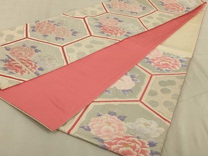 平和屋着物◎六通柄袋帯　唐織　亀甲花文　金銀糸　正絹　逸品　AABB5185ou