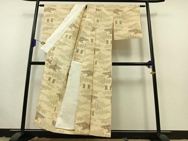 平和屋着物▽上質な紬 単衣 雲取り花文 正絹 逸品 AABB5202jh