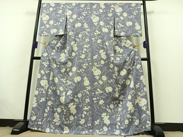 平和屋着物▽小紋 単衣 手描き 草花文 洗える着物 AABB5204jh