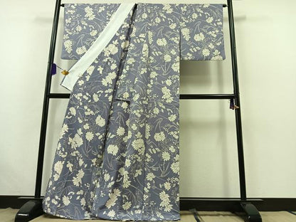 平和屋着物▽小紋 単衣 手描き 草花文 洗える着物 AABB5204jh
