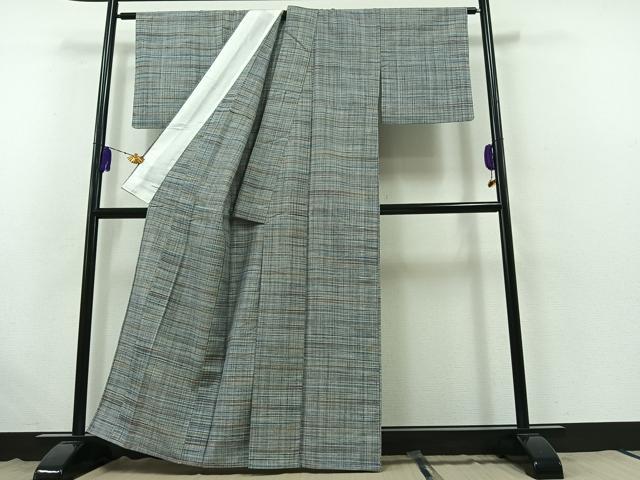 平和屋着物▽本場結城玉紬 単衣 格子 結織苑 証紙付き